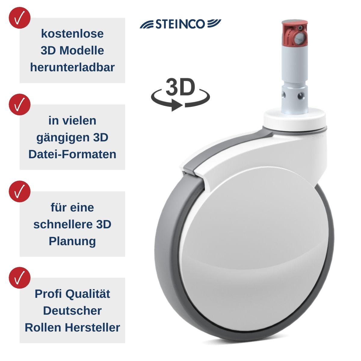[Translate to Dänisch:] Steinco Medical Rollen - kostenlose 3D Modelle in vielen Dateiformaten für Planer, Konstrukteure, Projekteure und Produktentwickler