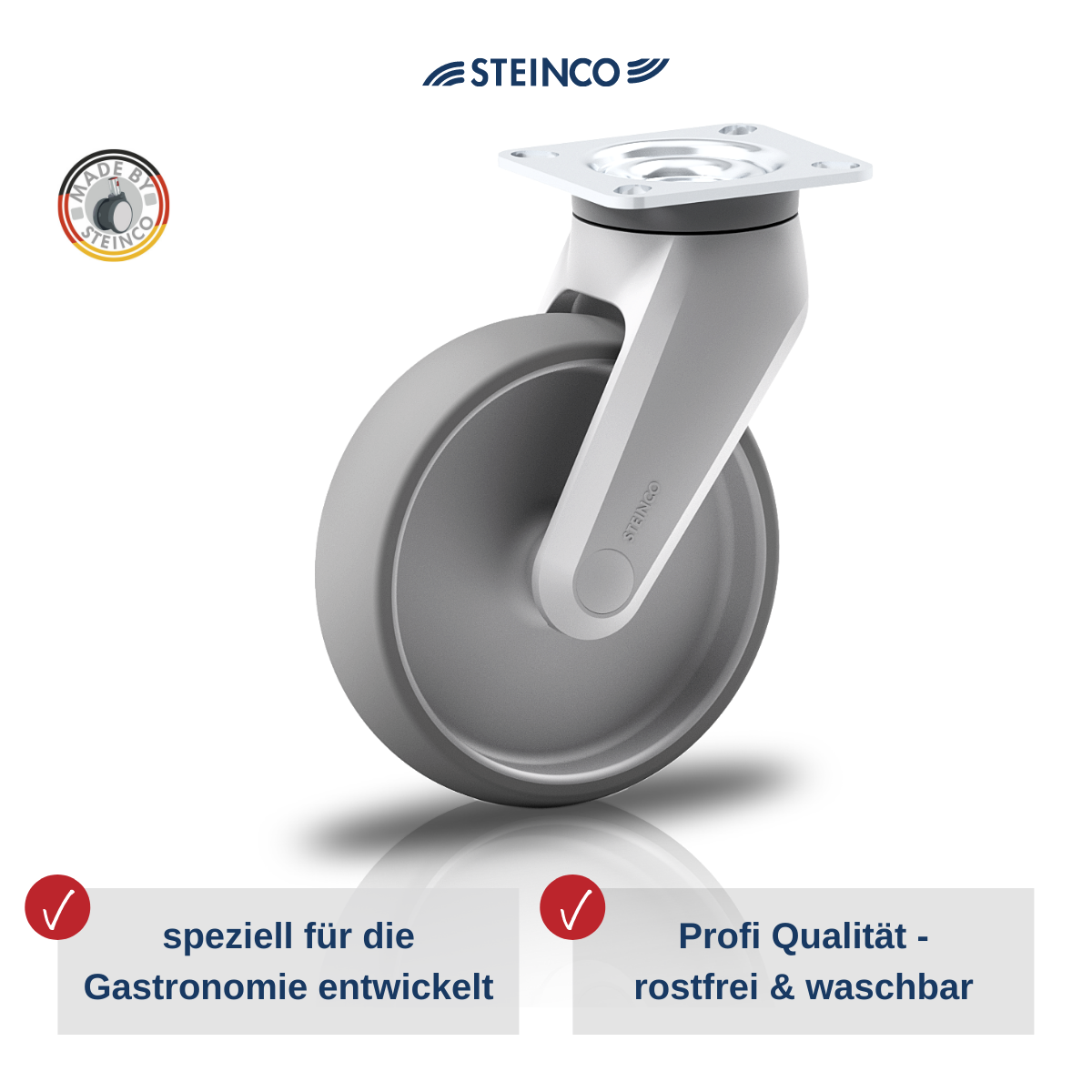 [Translate to Dänisch:] Lenk-Rollen für Gastronomie-Wagen, -Tische & Geräte aus Edelstahl - Räder & Rollen für Gastro, Catering, Kantinen, Großküchen 