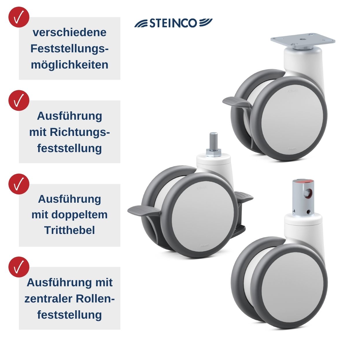 Doppelrollen und Doppel- Lenkrollen mit Bremse, Richtungs-feststeller, doppeltem Tritthebel und zentraler Rollen-Feststellung