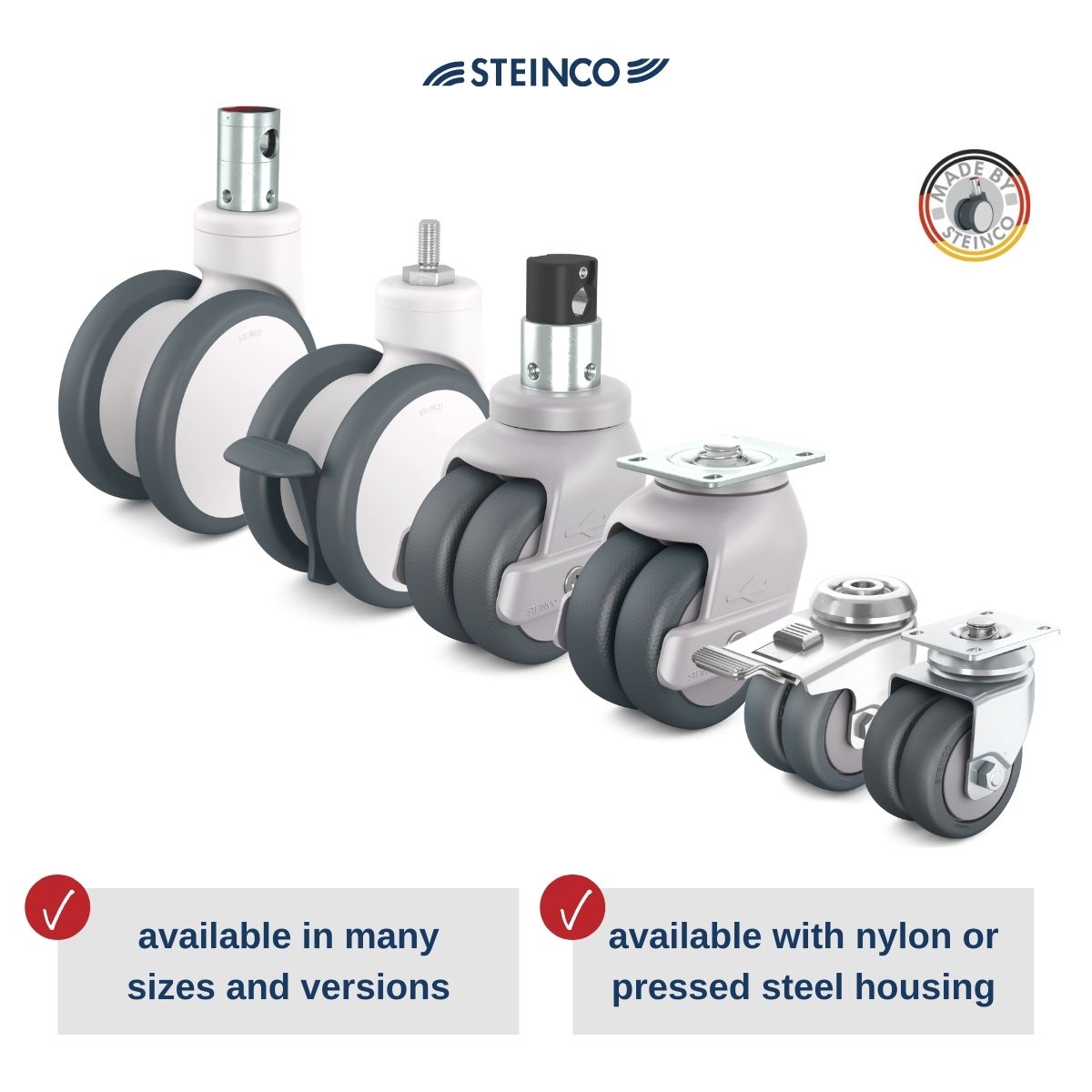 Twin wheel casters and twin wheel swivel casters with nylon and pressed steel housing in many sizes and versions