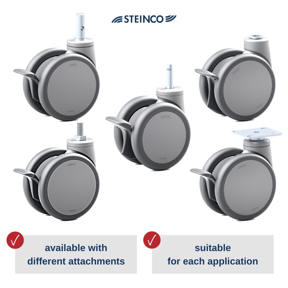 Twin wheel casters and twin wheel swivel casters with many attachment types: with mounting plate, bolt hole, threaded bolt, solid stem, plain stem