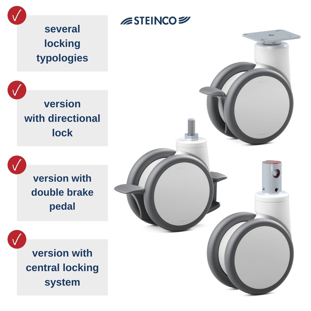 Twin wheel casters and twin wheel swivel casters with break, directional lock, double brake pedal and central locking system