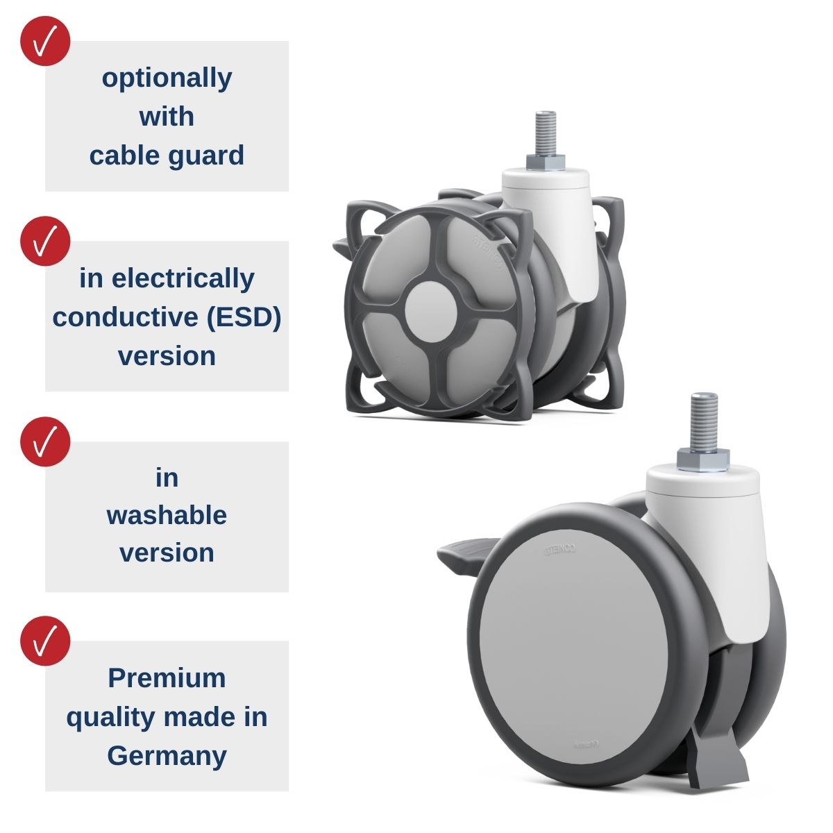 twin wheel swivel casters with cable guard, washable twin wheel casters, conductive esd casters and wheels