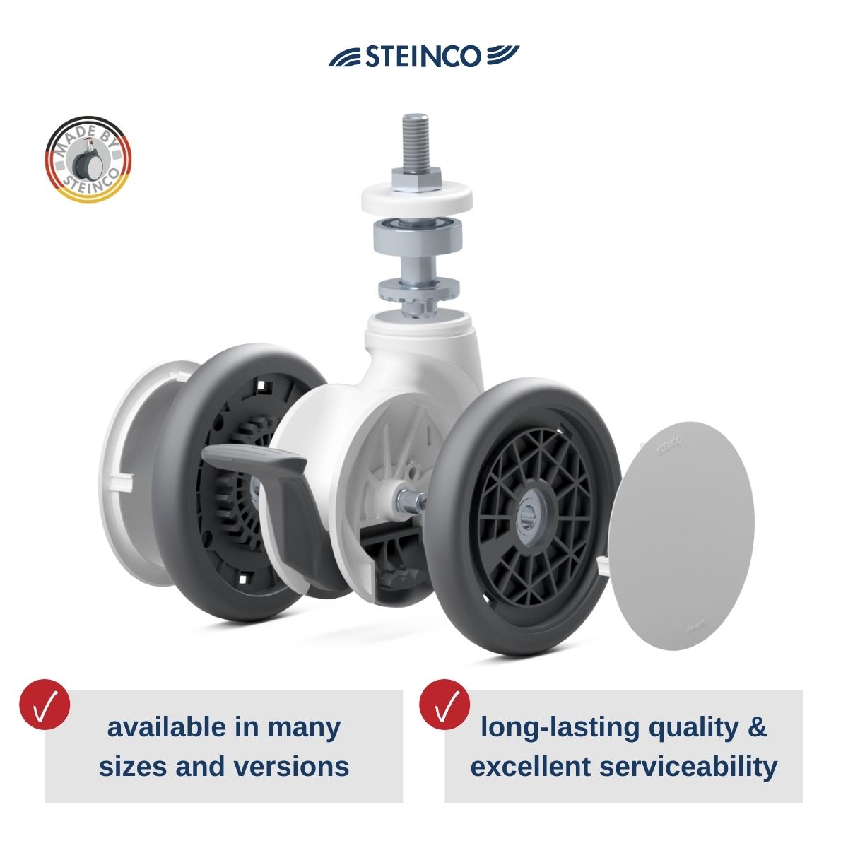 Premium quality exploded view of twin wheel casters with reduced mounting height