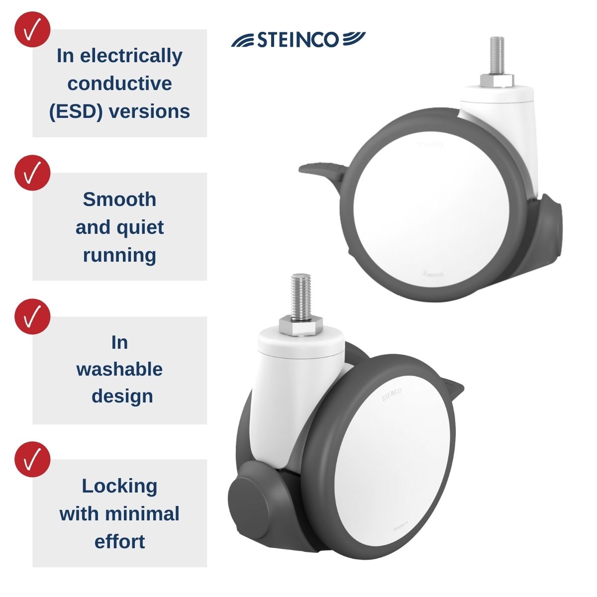 Castors for hospital beds and patient beds with cable protection in an electrically conductive and washable design