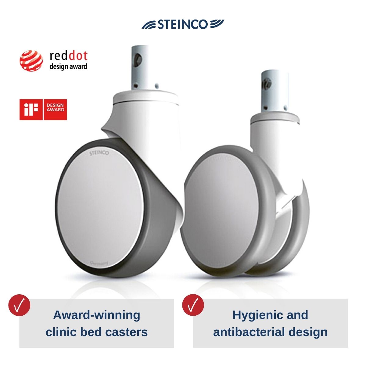 Hospital bed castors in washable and electrically conductive design with central locking
