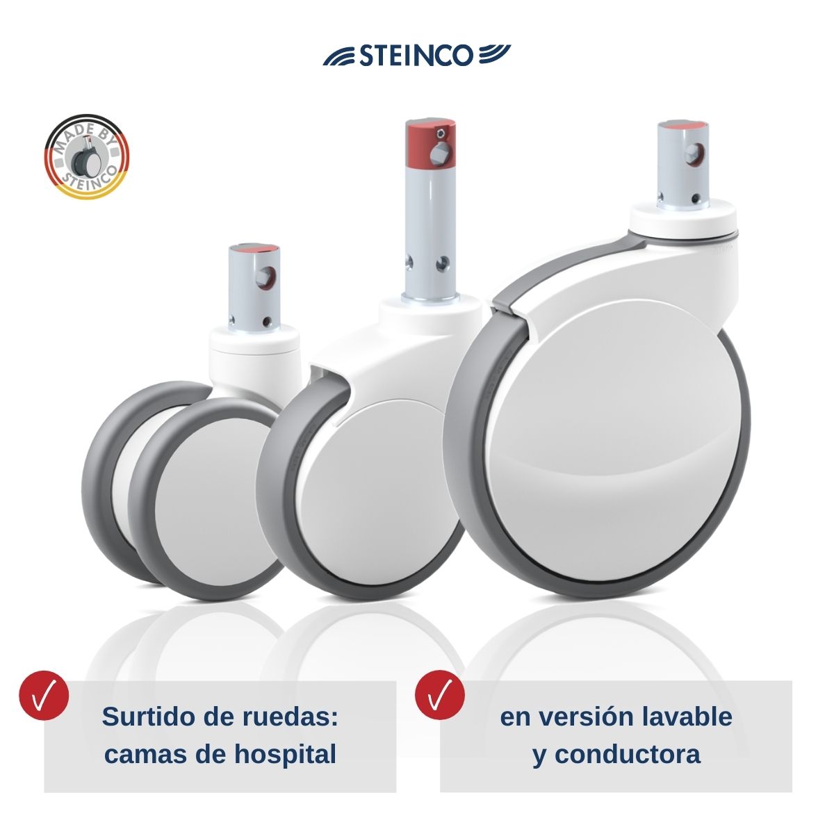 Ruedas para camas de hospital en versión lavable y conductora de electricidad con frenado central