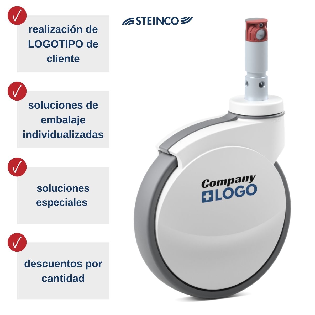 Soluciones personalizadas en cuanto a color, freno, fijación y logotipo de cliente (bajo pedido) para ruedas de camas de hospital