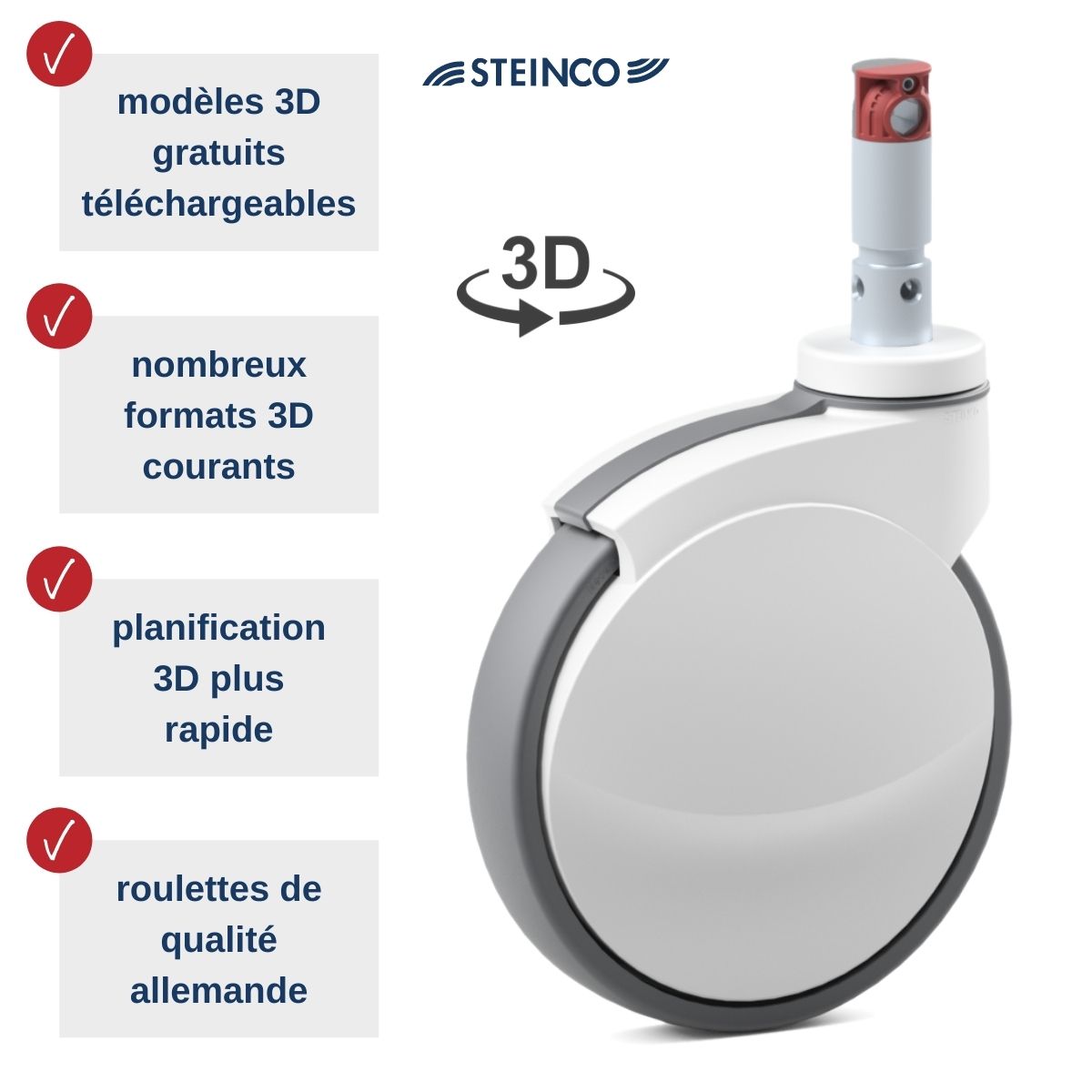 Roulettes médicales Steinco — Modèles 3D gratuits pour planificateurs, constructeurs, ingénieurs de projet et développeurs produits