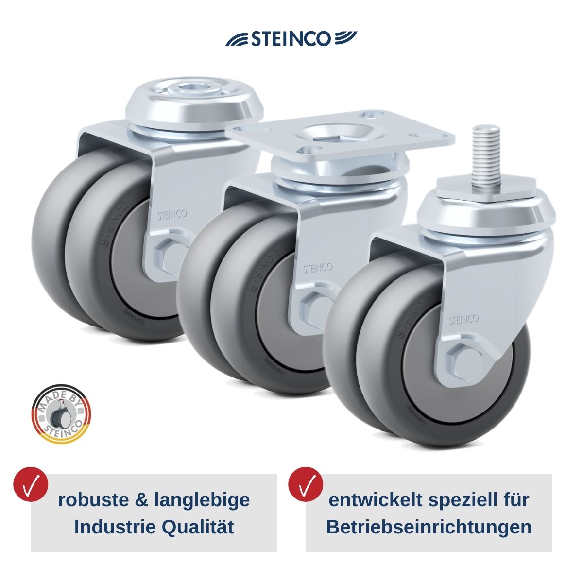 Doppelrollen mit Stahlblech-Gehäuse 75, 100, 125, 150 mm mit Rückenloch, Platte oder Gewindebolzen - Apparaterollen als Doppelrollen für die Betriebsausstattung