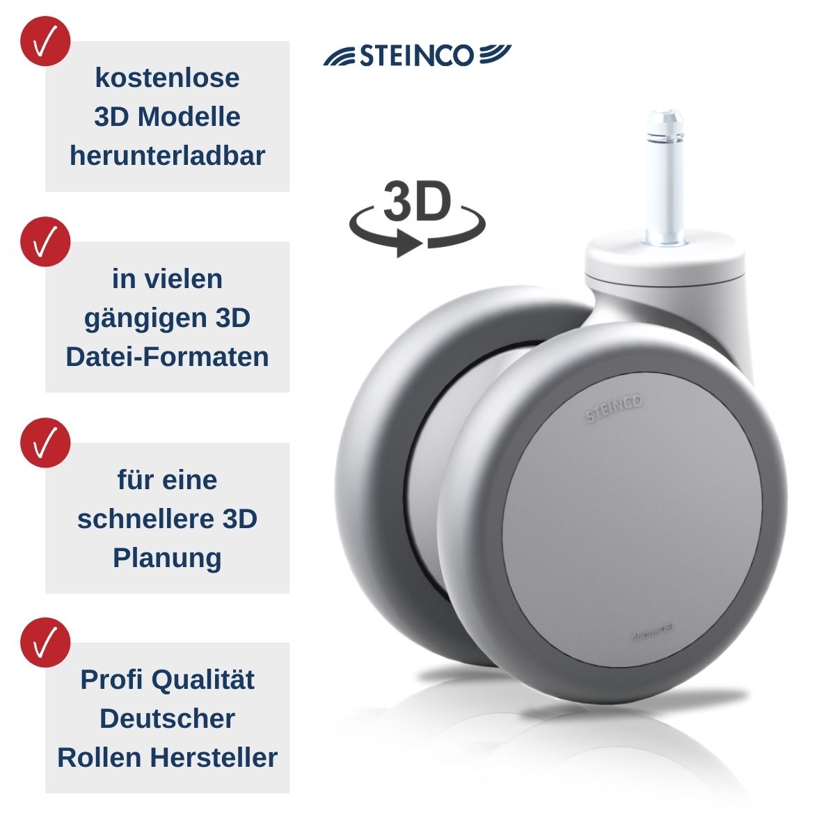 [Translate to Schwedisch:] Rollen & Räder 3D Modelle für die CAD Planung kostenlose 3D Modelle als Download - STEINCO Lenkrollen, Doppelrollen, Bockrollen, Aparaterollen & Transportrollen