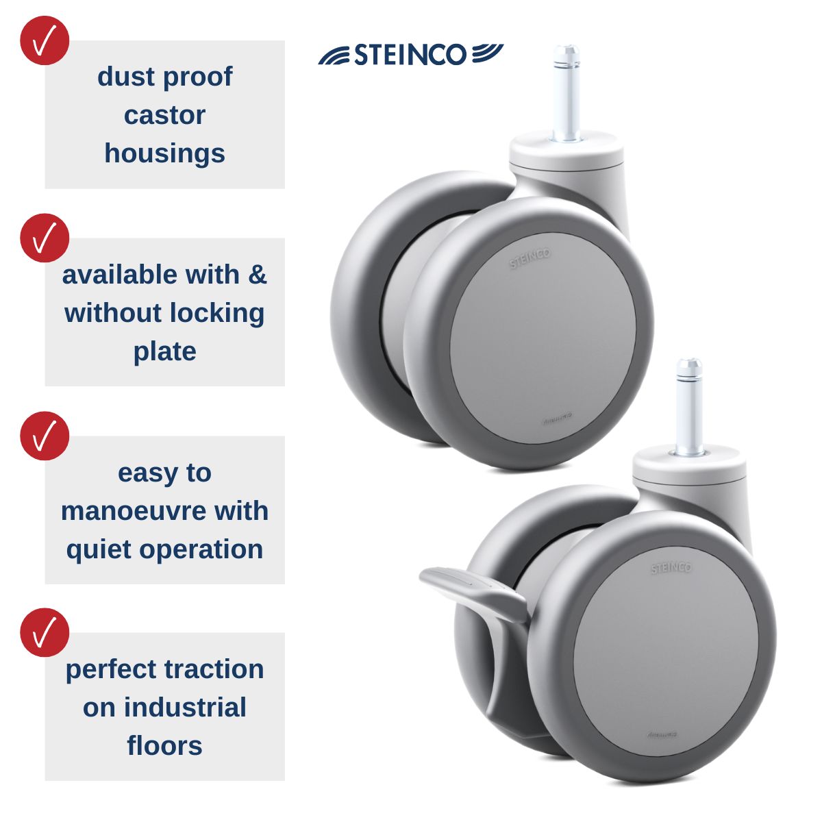 Plastic double castors for factory & office equipment - Premium quality - STEINCO castors and wheels