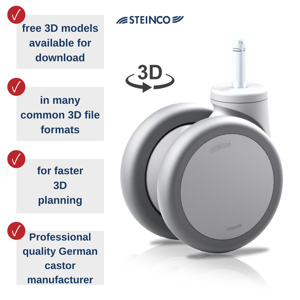 Castors & Wheels 3D Models for CAD Planning free 3D Models for Download - STEINCO Swivel Castors, Twin Castors, Fixed Castors, Apara Castors & Transport Castors