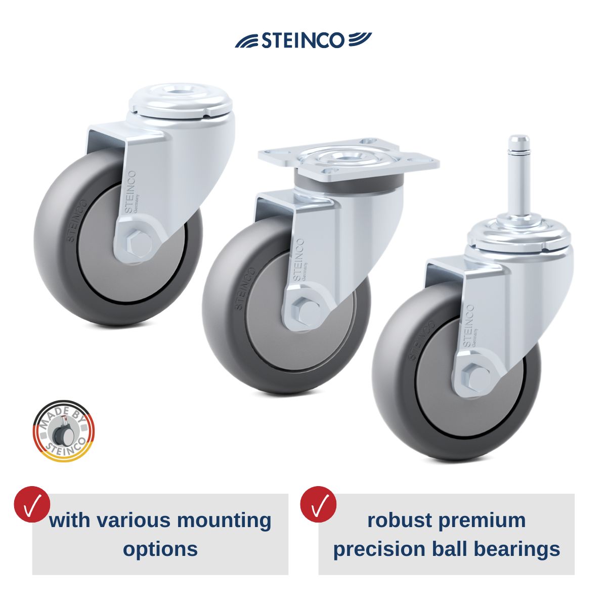 Single castors made of sheet steel 75, 100, 125, 150 mm diameter - STEINCO Premium castors for workshop trolleys & workshop equipment - castors for constructions made of luprofil 40 x 40