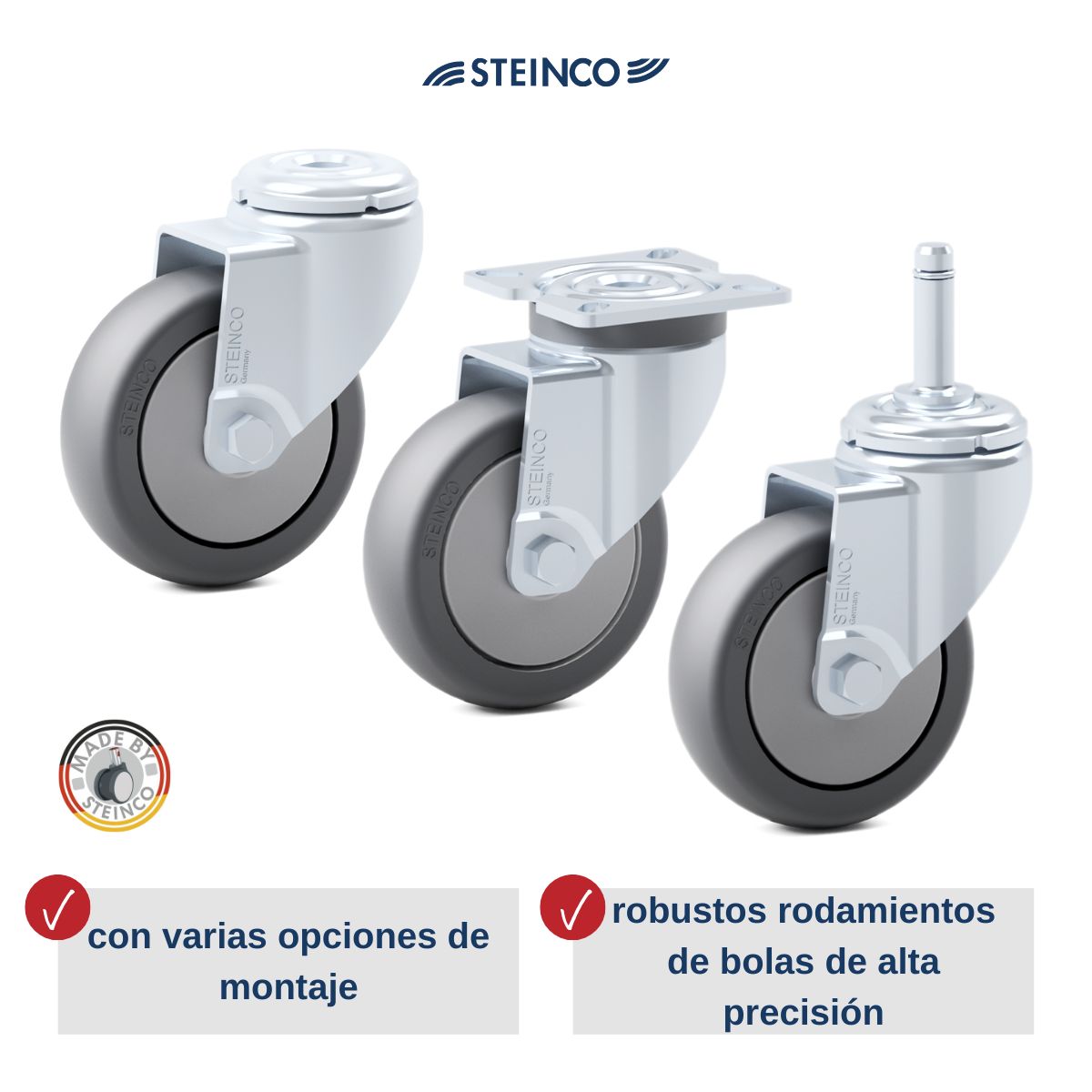 Ruedas simples de chapa de acero de 75, 100, 125, 150 mm de diámetro - Ruedas STEINCO Premium para equipamiento de fábrica y accesorios - Ruedas para construcciones de perfil de aluminio 40 x 40