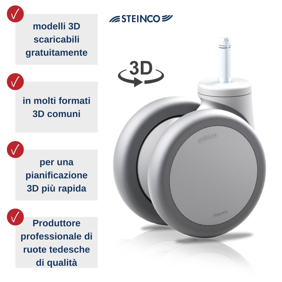 Ruote e supporti modelli 3D per la progettazione CAD modelli 3D gratuiti da scaricare - Ruote girevoli STEINCO, ruote gemellate, ruote fisse, ruote per collettività e ruote da trasporto