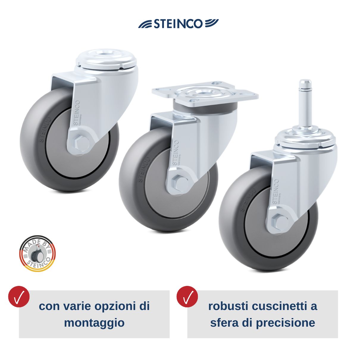 Ruote singole in lamiera d'acciaio con diametro di 75, 100, 125, 150 mm - STEINCO Ruote Premium per attrezzature da officina e attrezzature industriali - Ruote per costruzioni profilate in alluminio 40 x 40