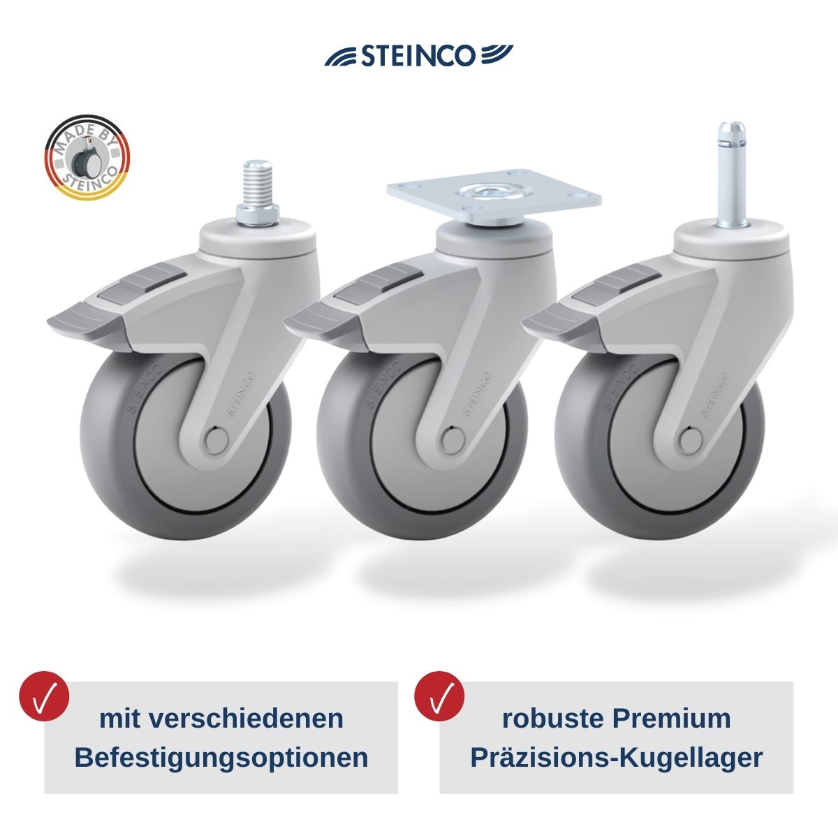 Steinco Apparaterollen aus Kunststoff in Ø 50, 65, 75, 100, - Rollen für Konferenz-Möbel & Tische 125 & 150 mm - mit Bolzen, Platte oder Gewindestift - mit oder ohne Bremse - Rollen & Räder speziell für Labormöbel & Büromöbel