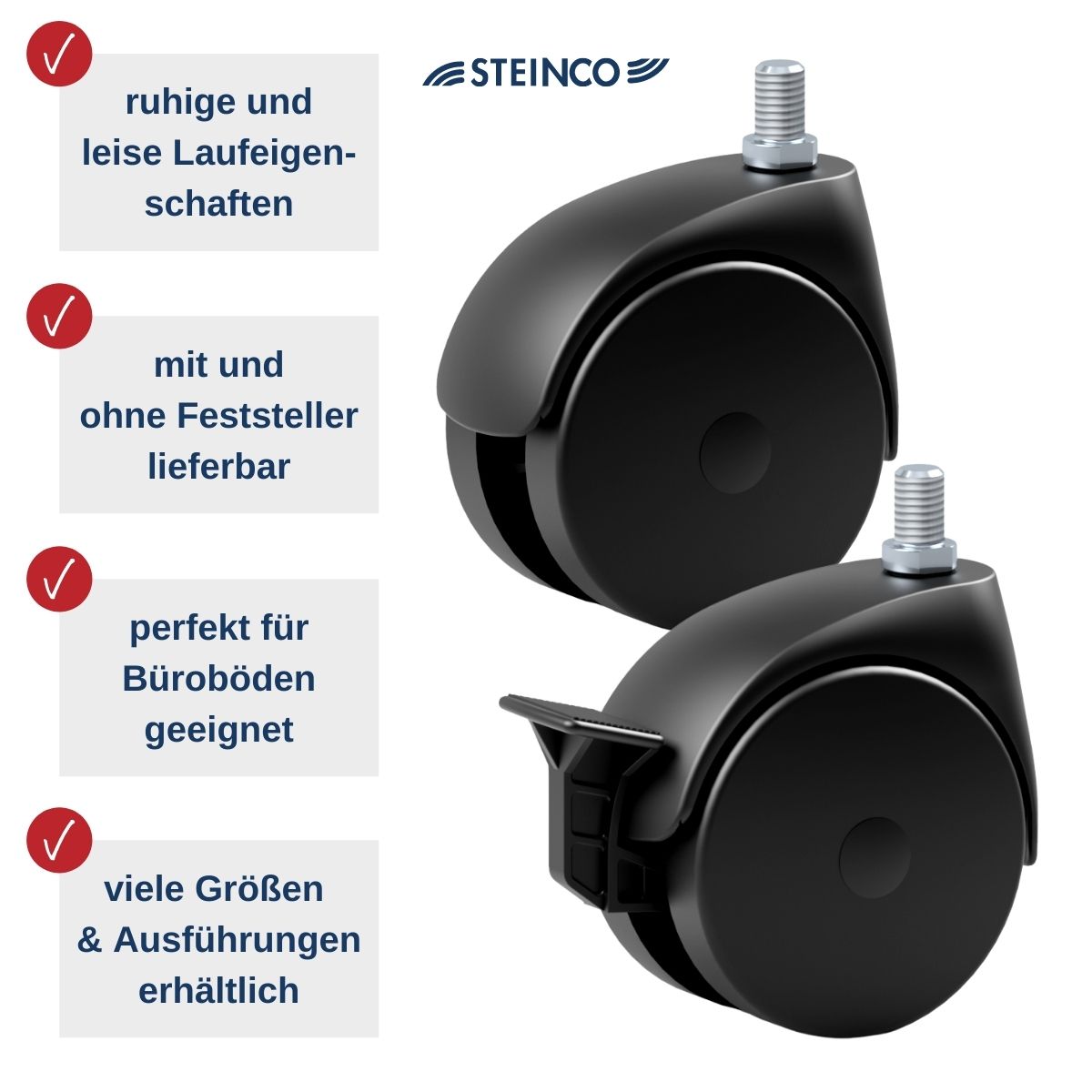 schwarze Möbelrollen als Einzelrolle oder Doppelrolle mit Gewindestift, Bolzen oder Platte - mit und ohne Feststeller - Profu Qualität, direkt vom deutschen Hersteller - speziell für Büromöbel und Labormöbel