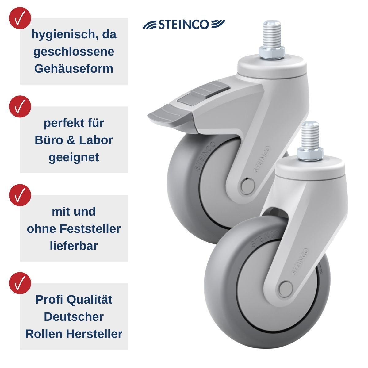 Steinco Einzelrollen aus Kunststoff, mit und ohnen Bremse - perfekt für Labor & Büro geeignet - Profi Apparate Rollen von deutschem Hersteller - Rollen für Konferenz-Möbel & Tische