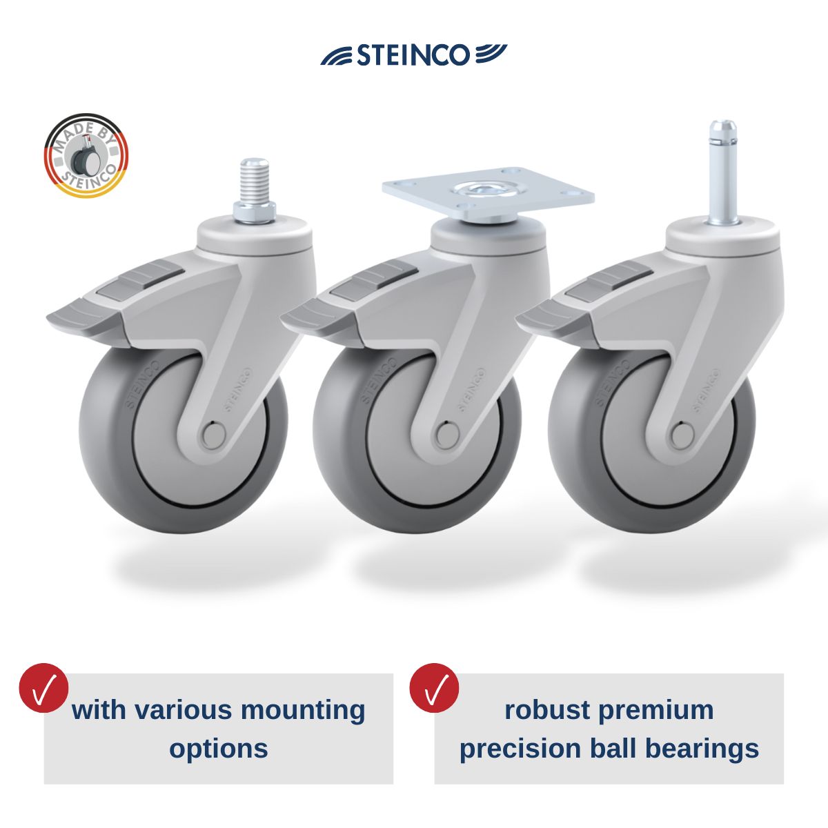 Steinco apparatus castors made of plastic in Ø 50, 65, 75, 100, - castors for conference room furniture & tables 125 & 150 mm - with bolt, plate or stem - with or without brake - castors & wheels especially for laboratory furniture & office furniture