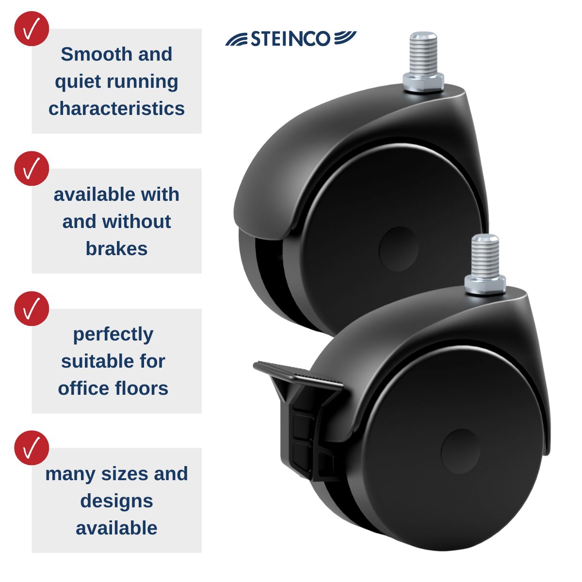 black furniture castors as single castor or double wheel castor with stem, bolt or plate - with and without brake - Premium quality, directly from the German manufacturer - especially for office and laboratory furniture