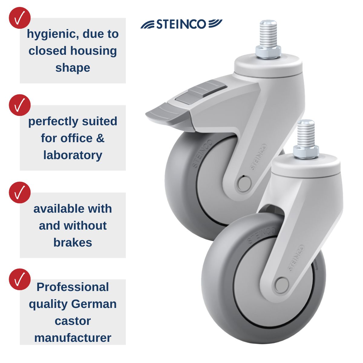 Steinco single castors made of plastic, with and without brake - perfect for laboratory & office - professional apparatus castors from german manufacturer - castors for conference room furniture & tables