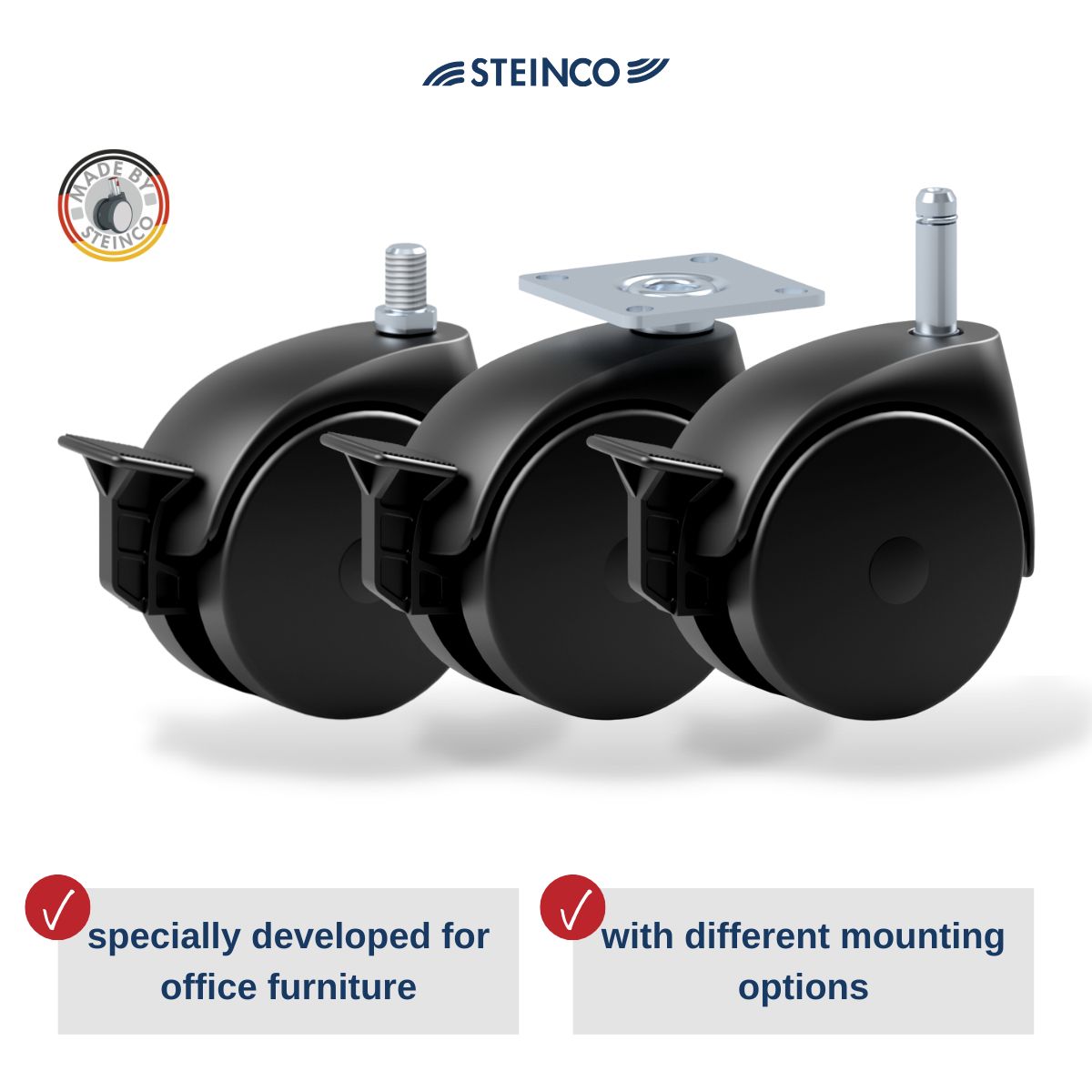 black castors & wheels with stem, bolt or screw-on plate - black swivel castors for office furniture, office tables, office chairs & swivel chairs