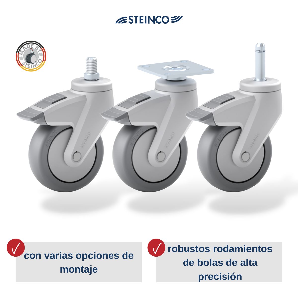 Ruedas para aparatos de plástico en Ø 50, 65, 75, 100, - ruedas para muebles de conferencia y mesas de 125 y 150 mm - con pasador, placa o tornillo prisionero - con o sin freno - ruedas especialmente para muebles de laboratorio y de oficina