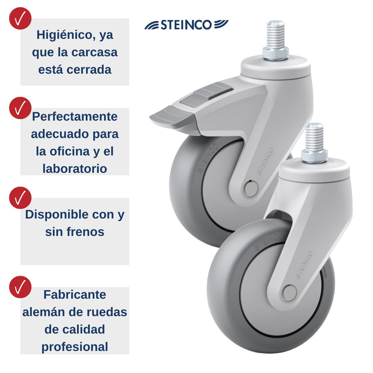 Ruedas individuales Steinco de plástico, con y sin freno - perfectamente adecuadas para el laboratorio y la oficina - ruedas para aparatos profesionales del fabricante alemán - ruedas para muebles y mesas de conferencia