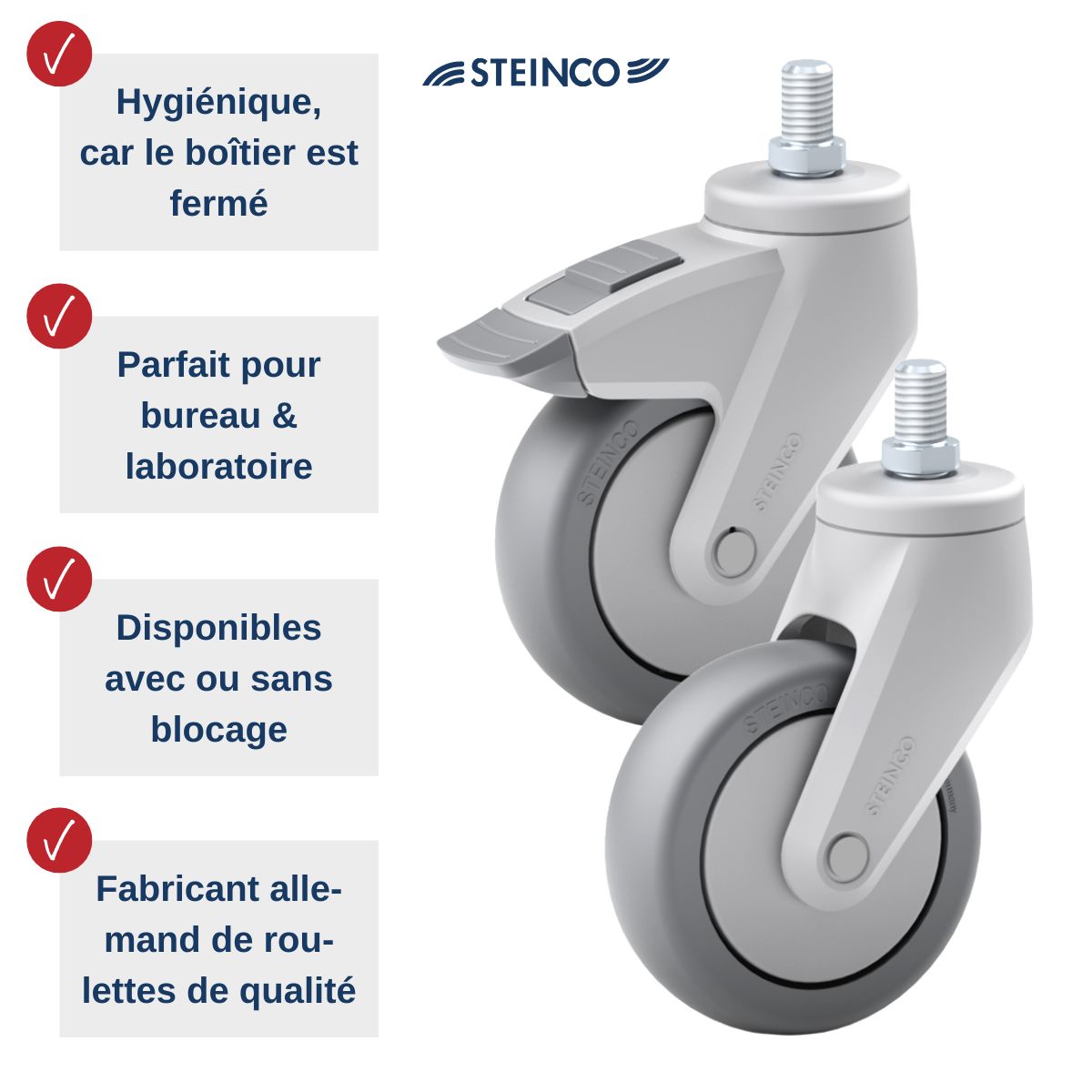 Roulettes simples Steinco en plastique, avec ou sans frein - parfaites pour les laboratoires et les bureaux - roulettes d’appareils professionnelles du fabricant allemand - roulettes pour meubles de conférence et tables