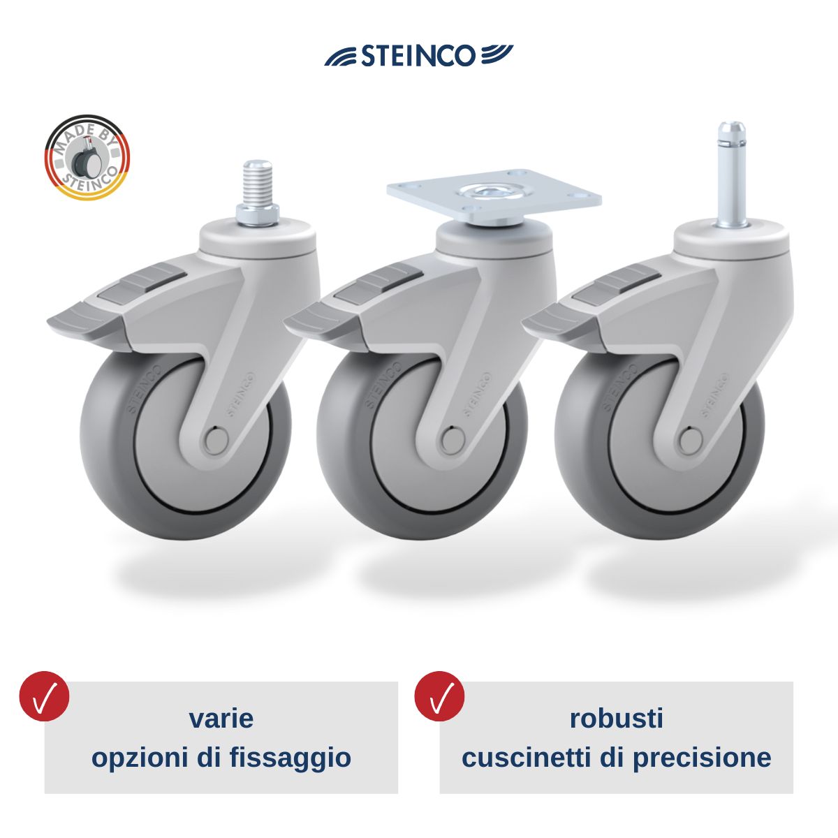 Ruote per la collettività in materiale sintetico STEINCO Ø 50, 65, 75, 100, - ruote per arredi e tavoli per sale riunioni 125 e 150 mm - con bullone, piastra o perno filettato - con o senza freno - ruote e supporti progettate per mobili da laboratorio e ufficio