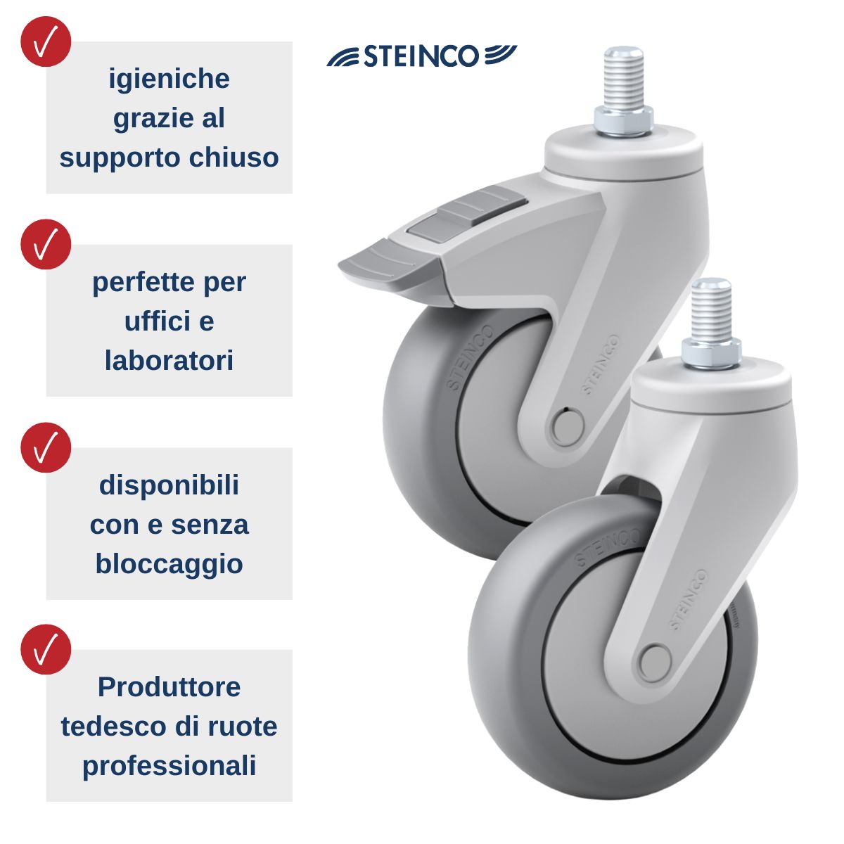 Ruote singole in materiale sintetico Steinco, con e senza freno - perfette per laboratorio e ufficio - ruote per la collettività di qualità professionale dal produttore tedesco - ruote per arredi e tavoli per sale riunioni