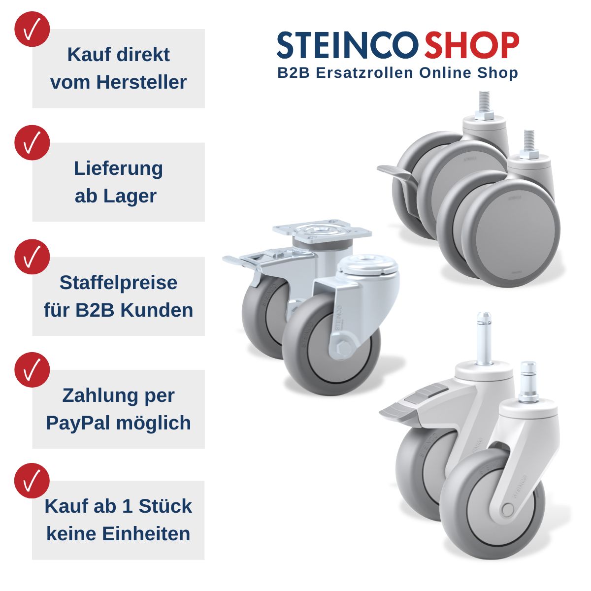 STEINCO Ersatzrollen-Shop Vorteile: kauf direkt beim Hersteller, Staffelpreise, Lieferung ab Lager, Zahlung per PayPal, Kauf ab 1 Stück