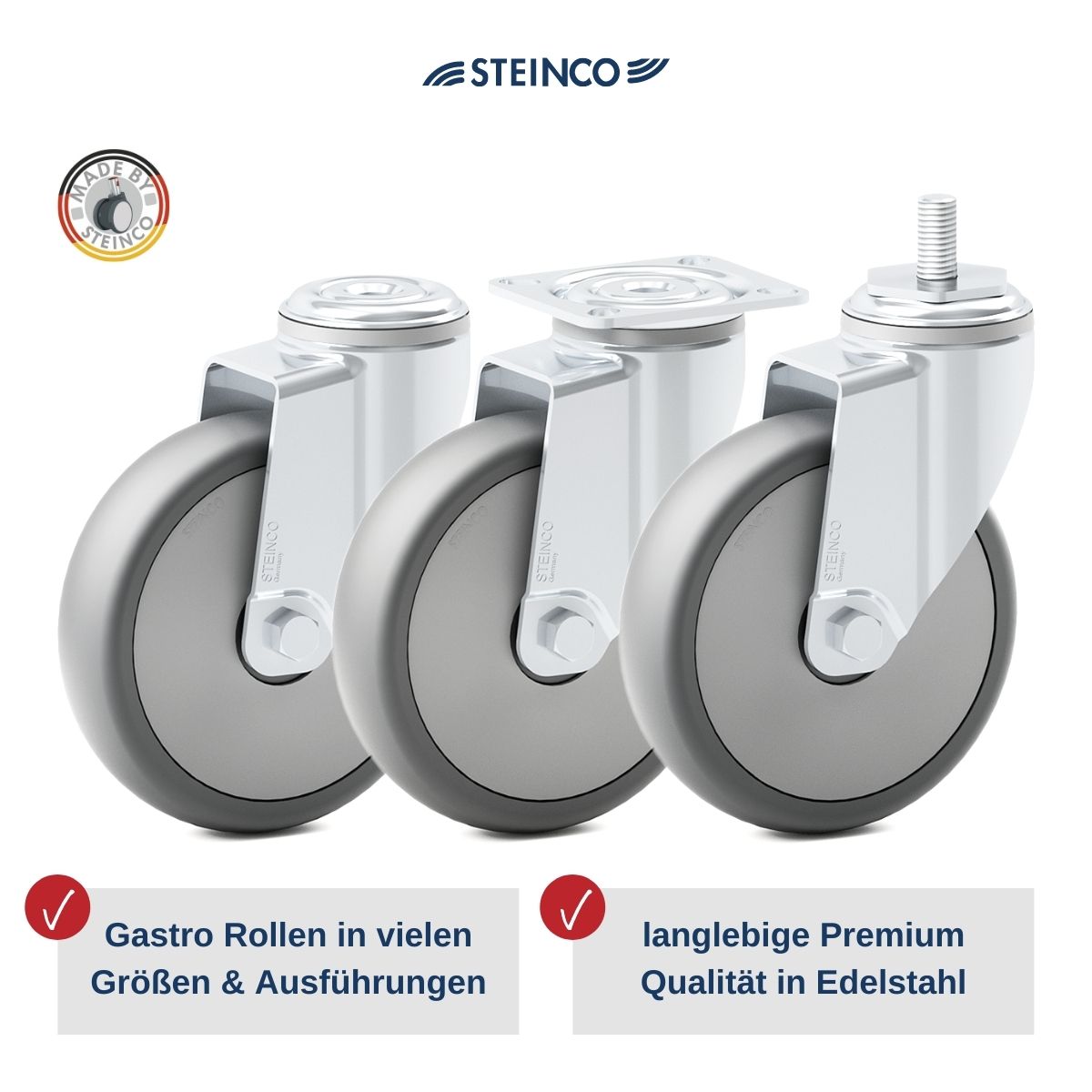 rostfreie Rollen und Räder nach DIN 18867-8 für Edelstahl-Möbel & Edelstahlwagen im Gastronomie-, Großküchen-, Kantinen-Bereich und der Lebensmittelindustrie
