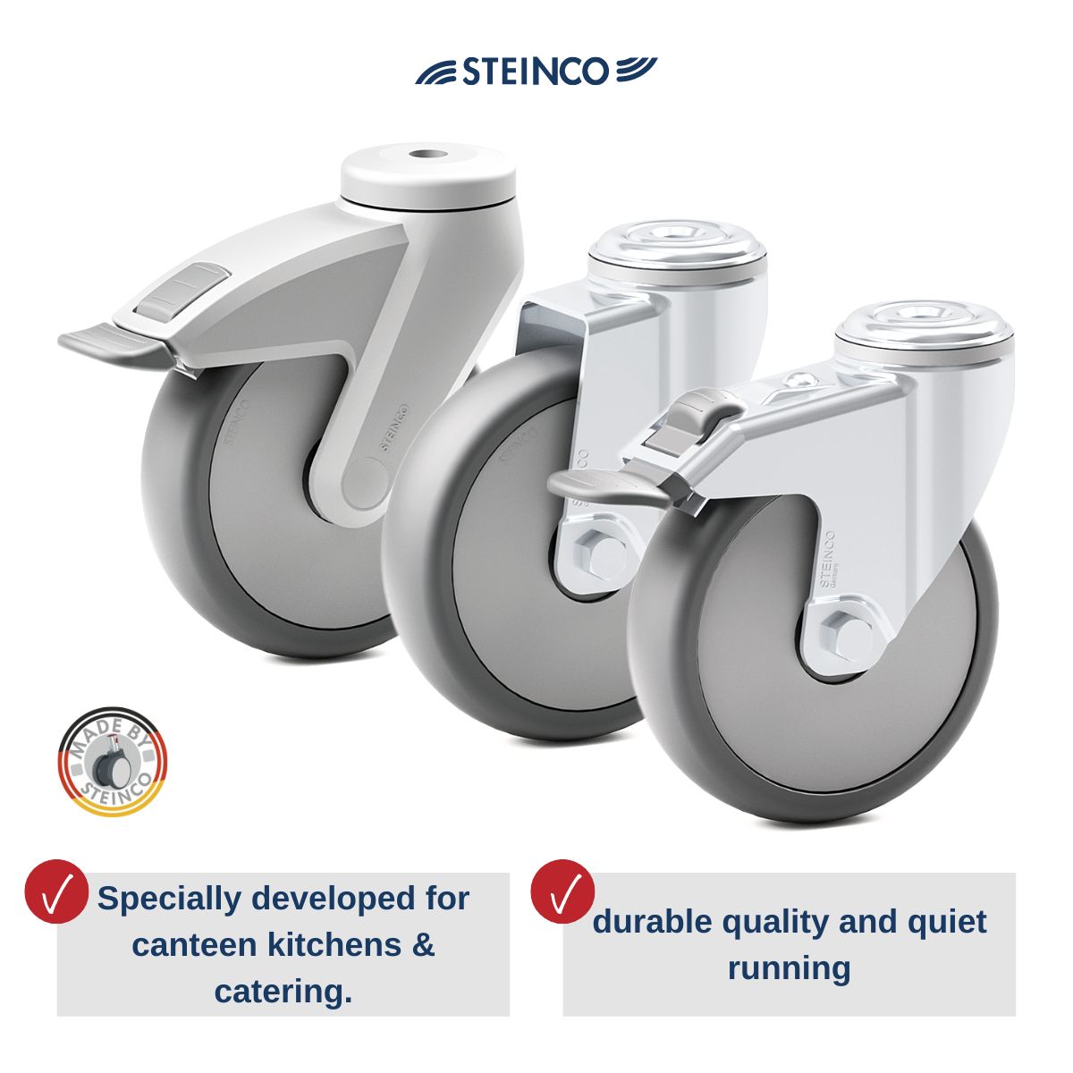 Castors for catering furniture & catering trolleys - Stainless steel and plastic wheels for kitchen furniture and kitchen trolleys.