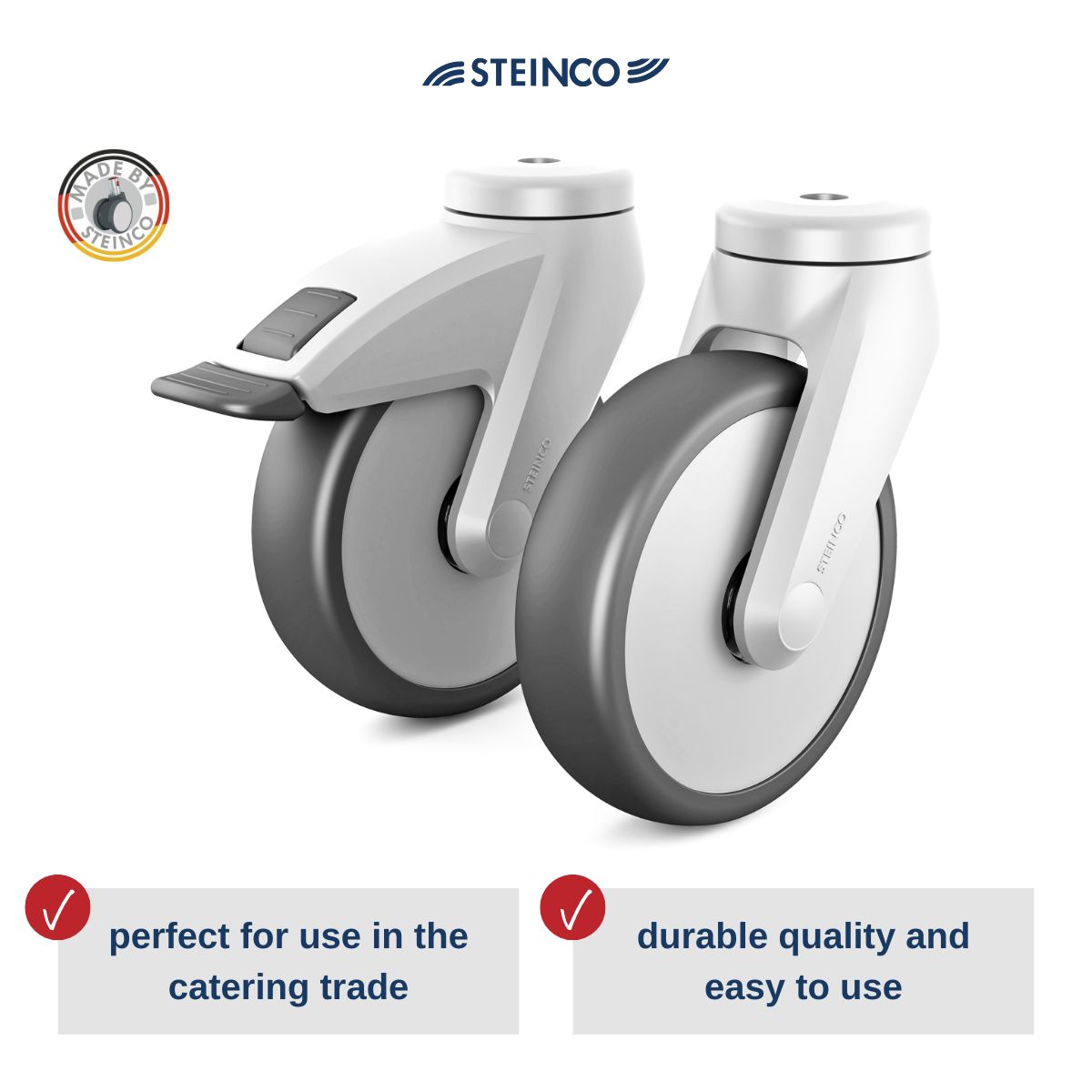 Steering castors & wheels made of plastic & stainless steel - specially designed for serving trolleys, shelf trolleys, kitchen trolleys, tray trolleys, drink trolleys, platform trolleys & kitchen trolleys.