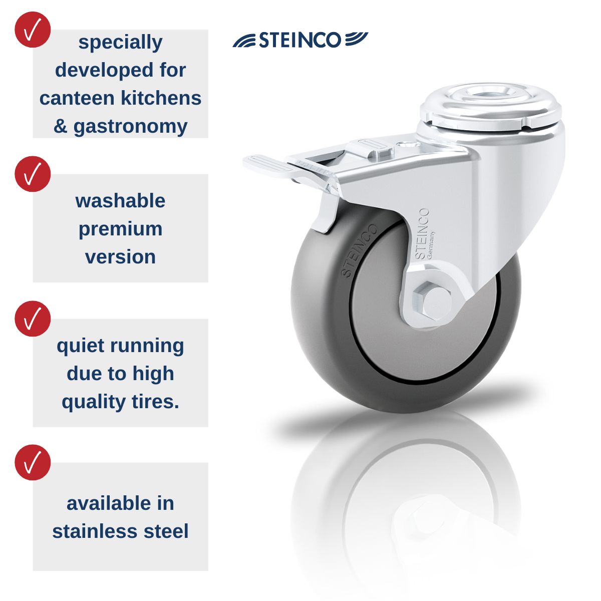 Stainless steel castors and wheels - specially developed for stainless steel trolleys in Commercial Kitchens, catering kitchens, canteens and the food industry.
