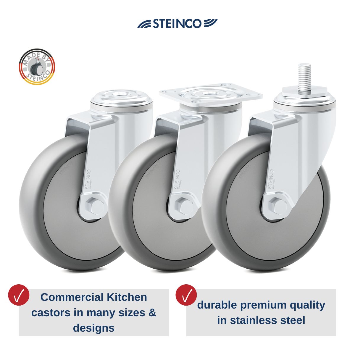 stainless steel castors and wheels according to DIN 18867-8 for stainless steel furniture & stainless steel trolleys in Commercial Kitchens, canteens and the food industry