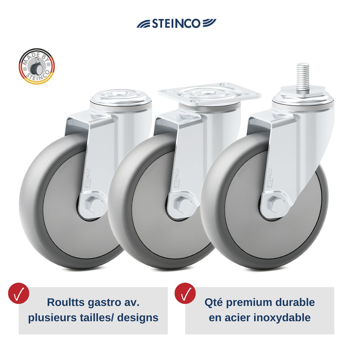 roulettes et roues en acier inoxydable selon DIN 18867-8 pour les meubles en acier inoxydable et les chariots en acier inoxydable dans les secteurs de la restauration, de la cuisine industrielle, des cantines et de l’industrie alimentaire