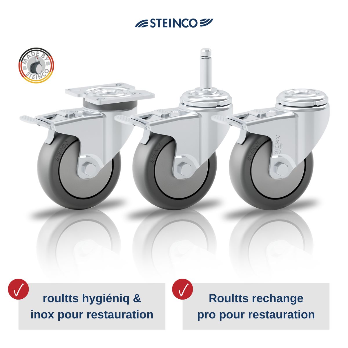 Roulettes de rechange pour meubles de cuisine et chariots de cuisine en acier inoxydable pour l’industrie alimentaire, les cuisines industrielles, la restauration et les cantines