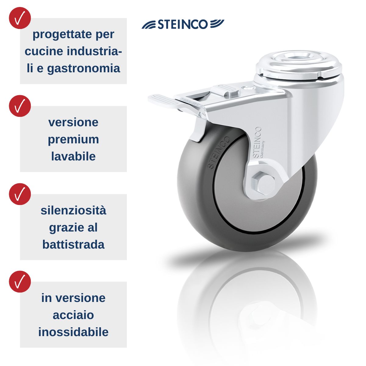 Ruote e supporti in acciaio inossidabile, progettati appositamente per mobili e carrelli in acciaio inossidabile per gastronomia, cucine industriali, mense e industria alimentare