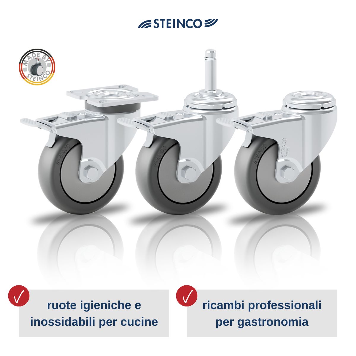 Ruote sostitutive e di ricambio per mobili e carrelli da cucina in acciaio inossidabile per industria alimentare, cucine industriali, gastronomia e mense