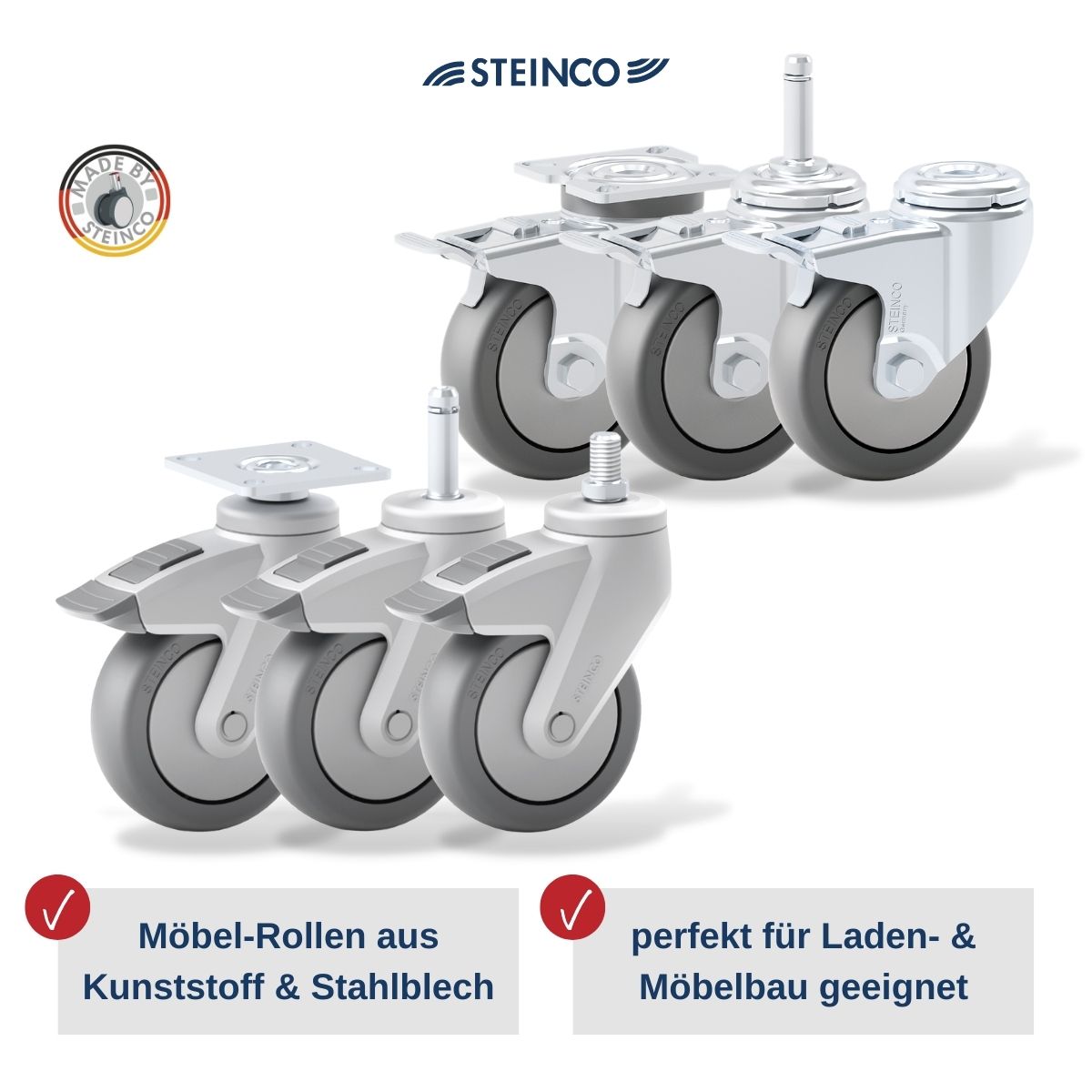 [Translate to Schwedisch:] lenkbare Möbel-Rollen aus Stahl-Blech oder Kunststoff mit Präzisions-Kugellager - Einzel Möbelrollen mit und ohne Bremse - hochwertige Premium Möbel Lenkrollen mit Platte, Bolzen oder Rückenloch