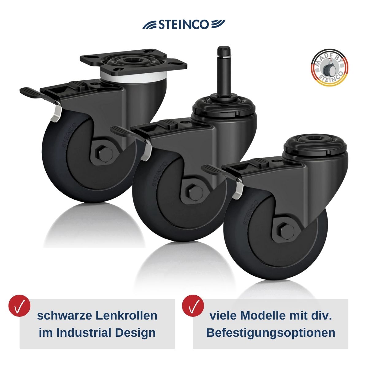 [Translate to Dänisch:] schwarze Möbelrollen und Möbelräder in Premium Qualität - Möbel Lenkrollen mit Platte, Bolzen oder Rückenloch - kugelgelagerte Möbelrollen mit und ohne Feststeller für harte und weiche Böden