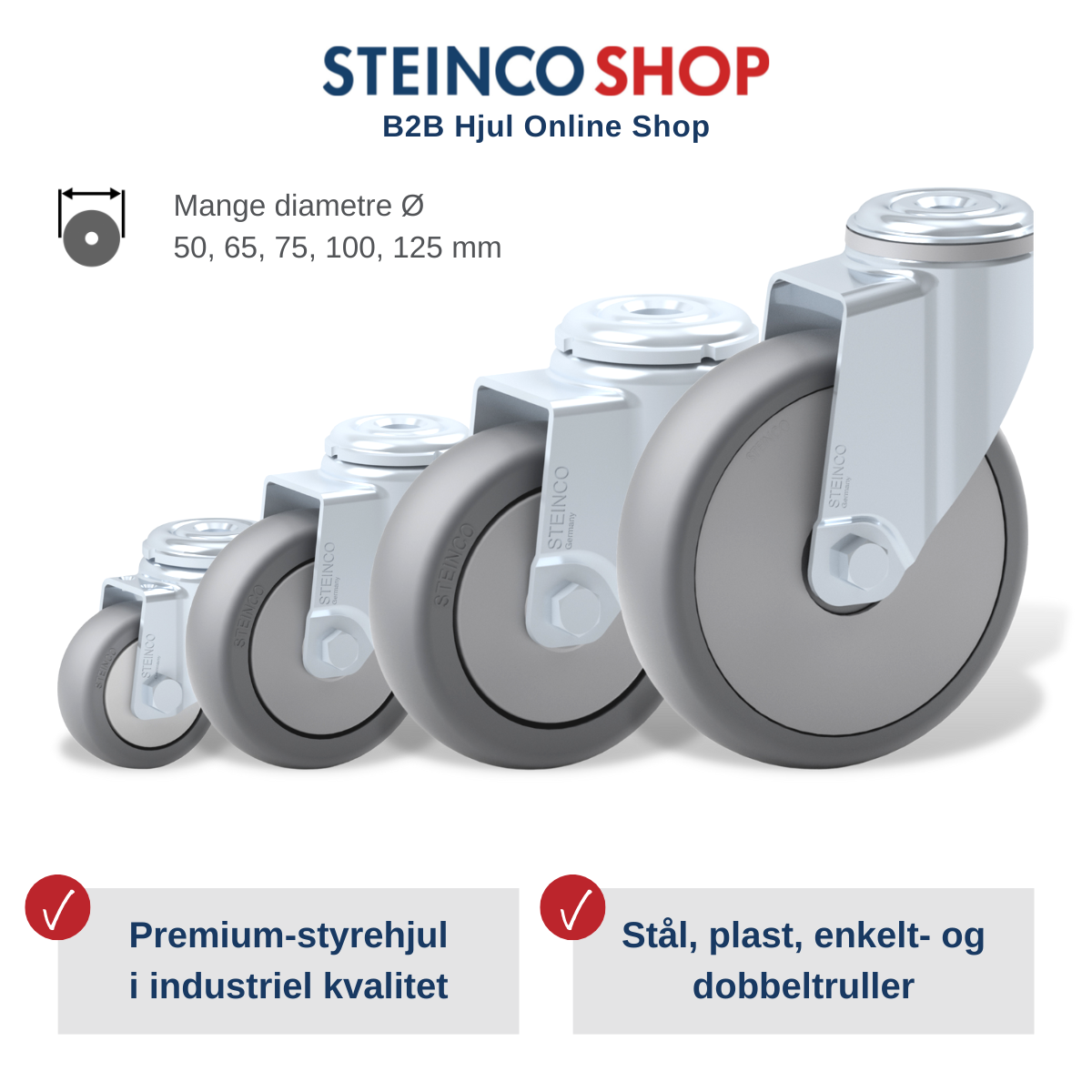 STEINCO SHOP Hjul med mange diametre fra 50 til 125 mm, premium-hjul i industrikvalitet som stålhjul og plasthjul