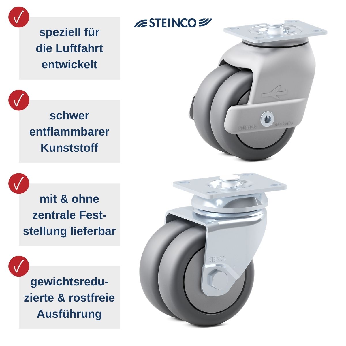 Luftfahrt Rollen & Räder - speziell für Flugzeugö-Möbel wie Servierwagen, Barwagen & Trolleys entwickelt - Premium Qualität