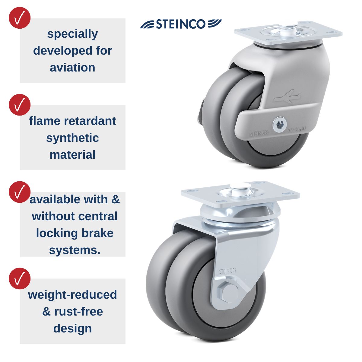 Aviation casters & wheels - designed specifically for aircraft furniture such as serving carts, bar carts & trolleys - premium quality.