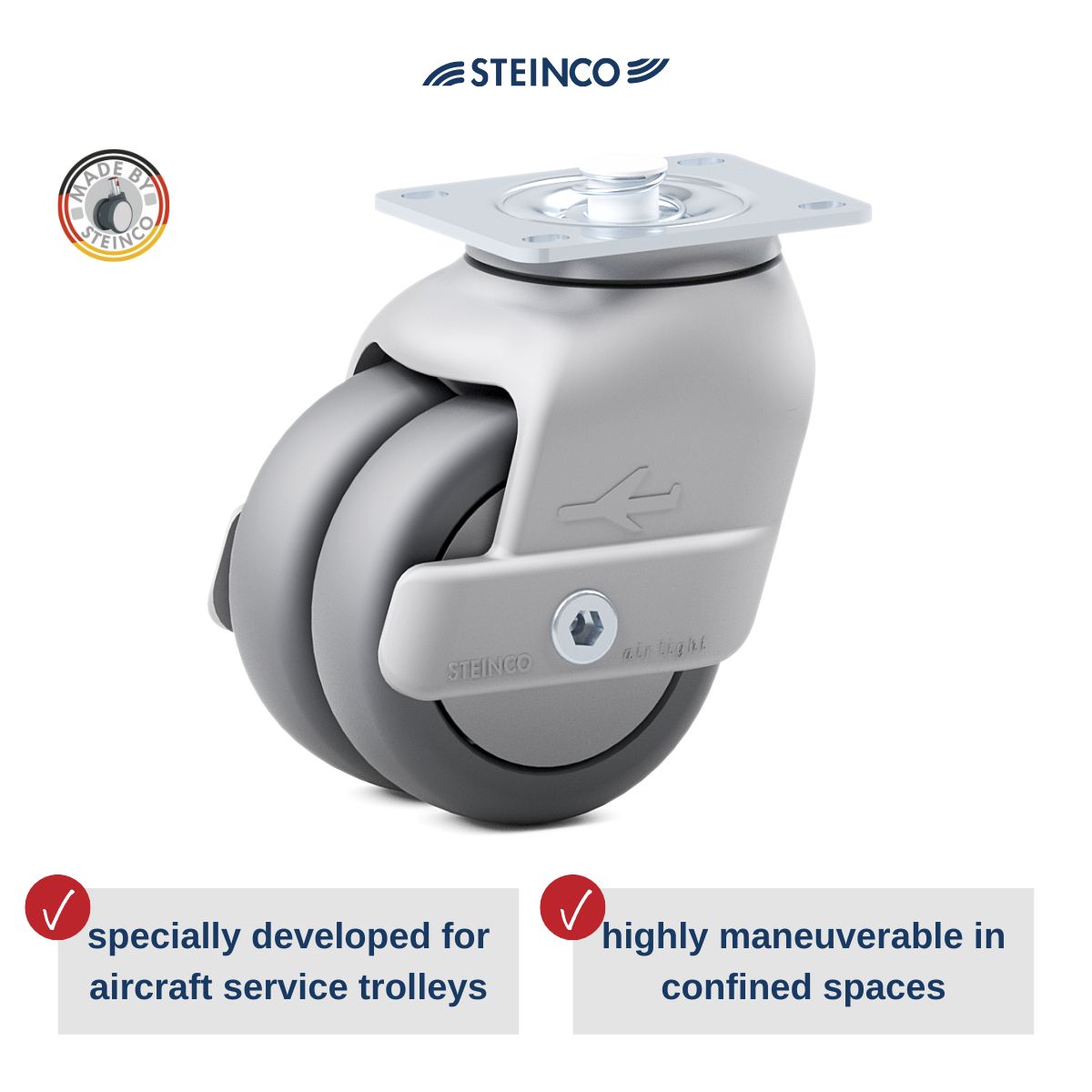 Aviation casters & wheels with double wheels or single wheel in plastic or sheet metal - casters & wheels with & without central locking for aircraft bar trolley, serving trolley & airline trolleys.