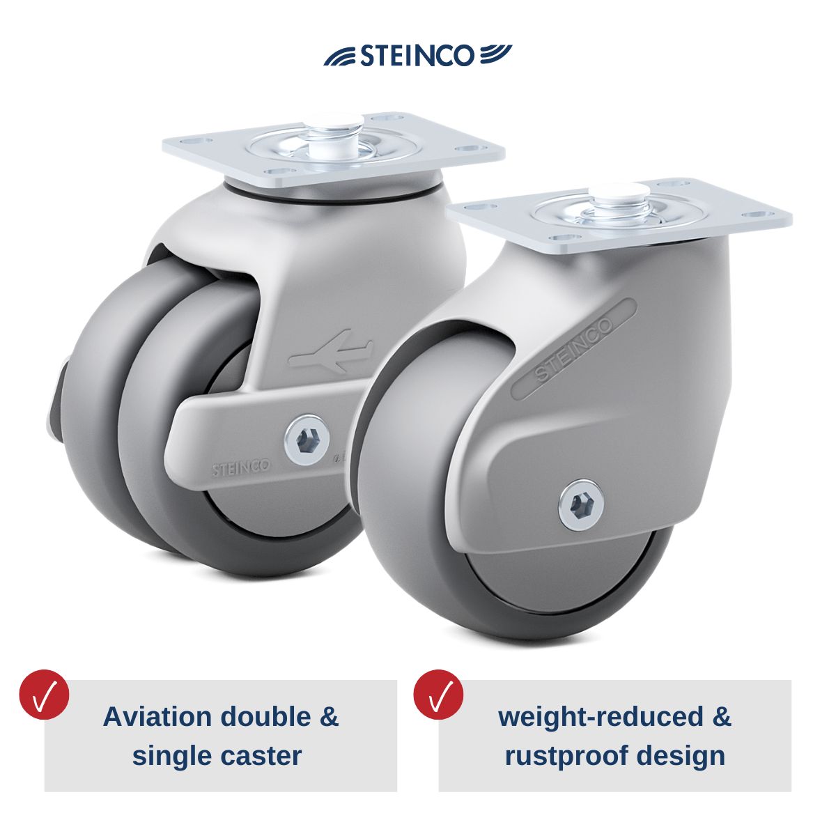Steinco airline casters & wheels for aircraft serving cart & trolley, maneuverable in tight spaces, lightweight, safe & specially designed for aviation.